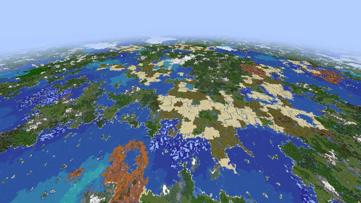 Vanilla-Welt aus großer Höhe mit Kontinenten und Meeren bis zum Horizont